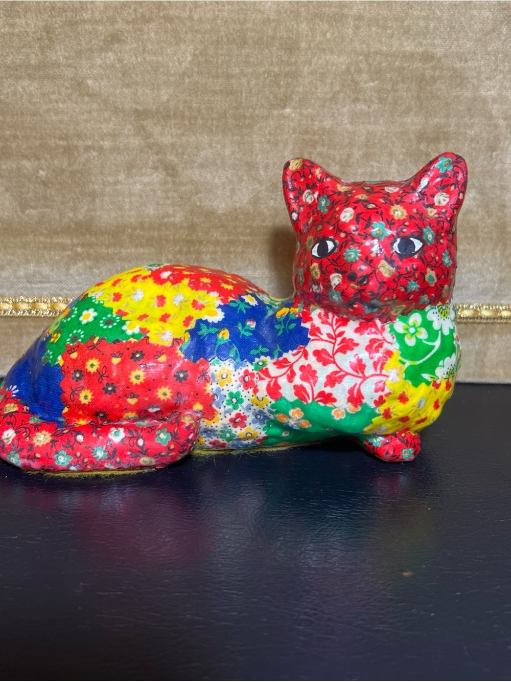 Vintage MAM Originals Patchwork Calico Cat Sculpture Mixed Media Folk Art 6.5”